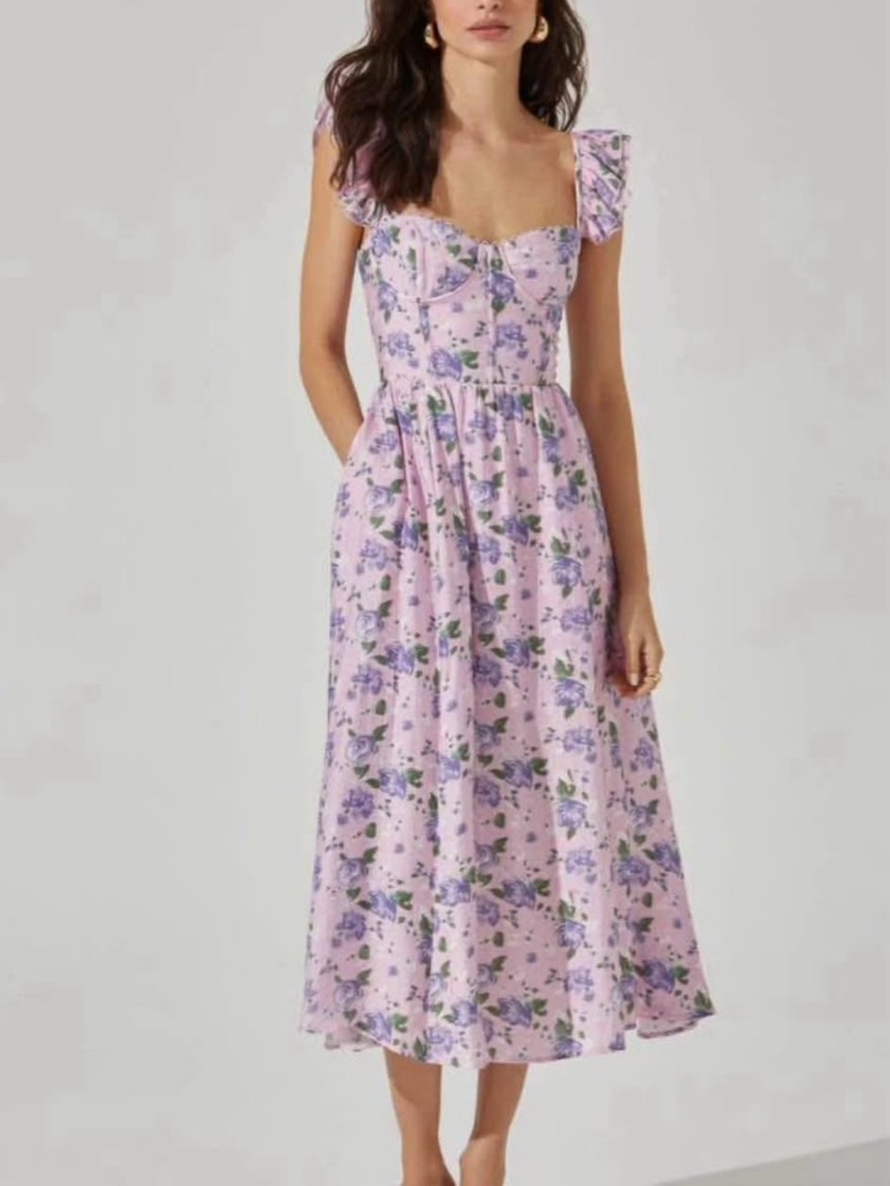 Astr Lilac Floral Midi Dress with Green Accents